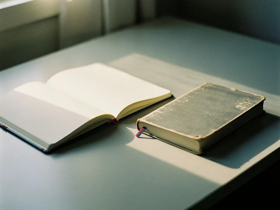 New notebook open to a blank page beside an older closed notebook