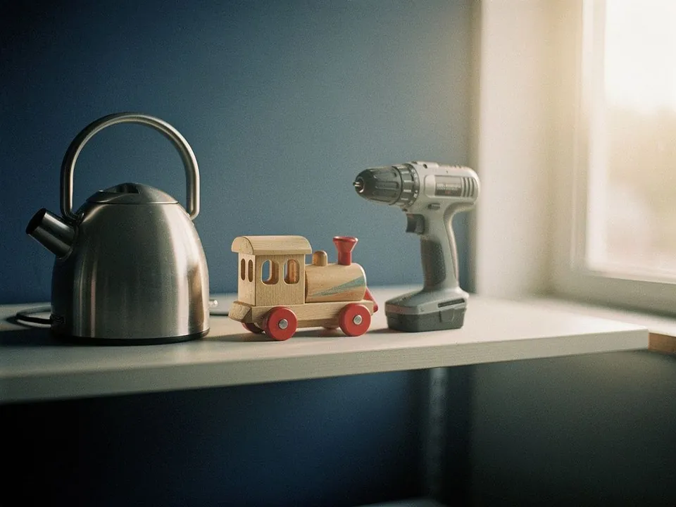 A kettle, a wooden toy train and a small drill on a shelf
