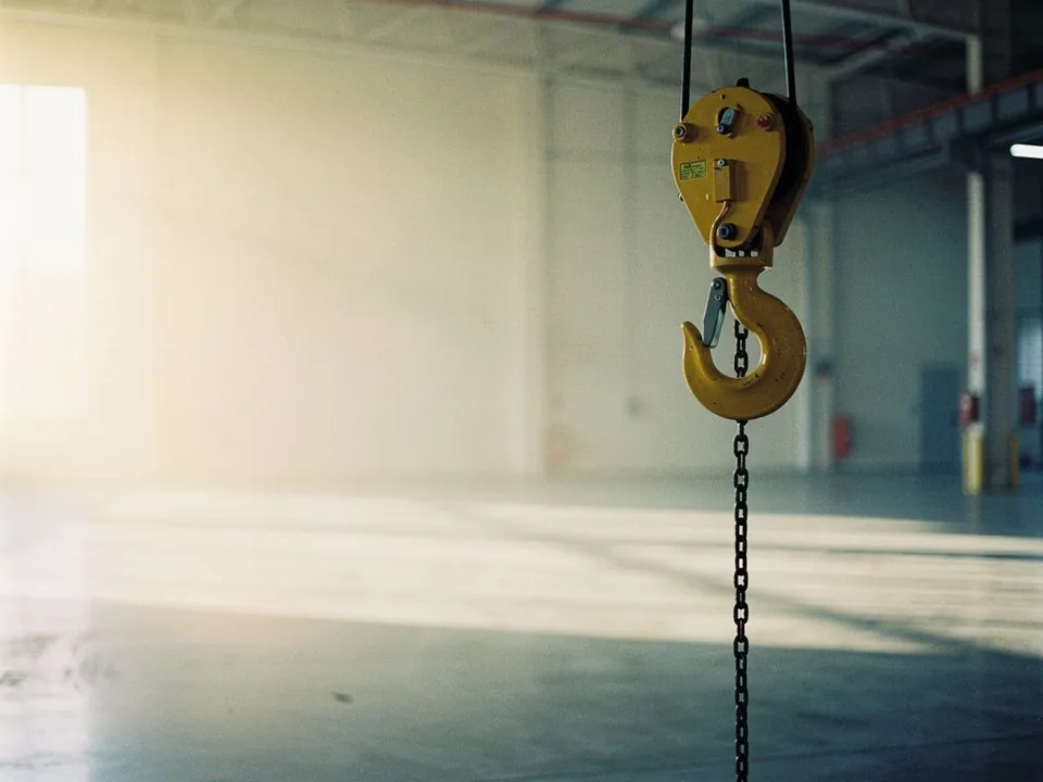 Yellow lifting hook and chain hanging in a bright empty factory hall