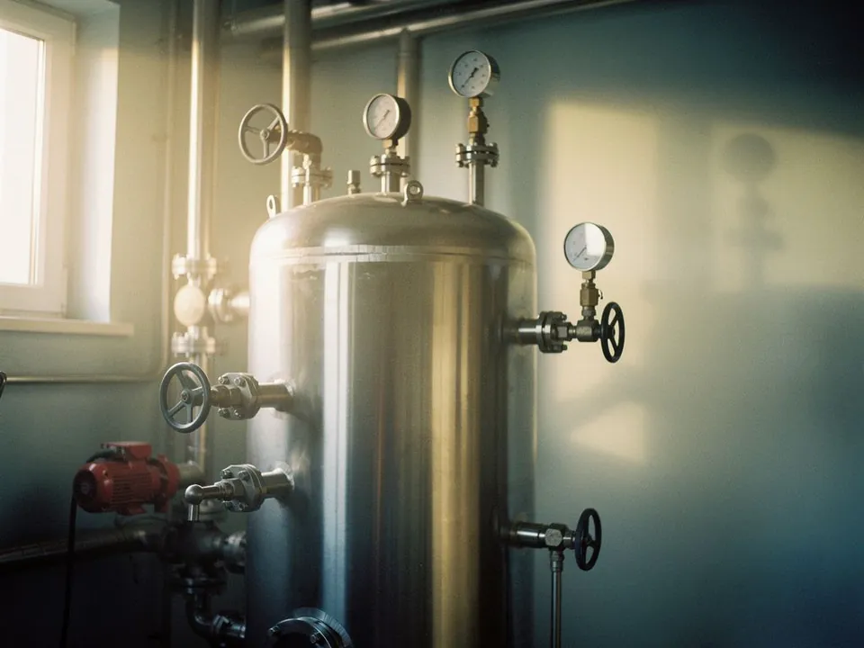 Polished steel pressure vessel with valves and gauges in a boiler room