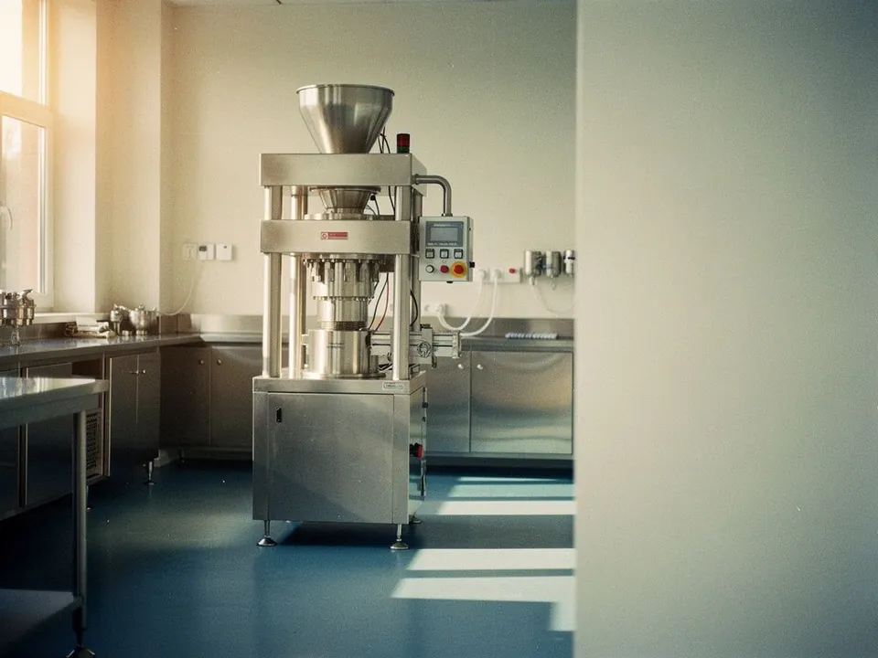 Pharmaceutical tablet press in a clean production room with stainless surfaces