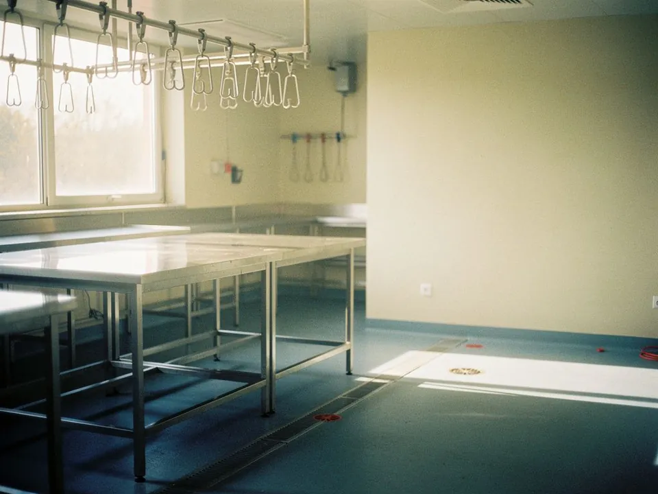 Spotless meat processing room with stainless tables and hanging hooks