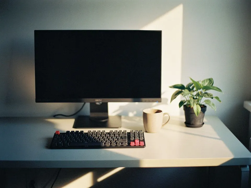 Developer desk with a keyboard, dark monitor, mug and plant