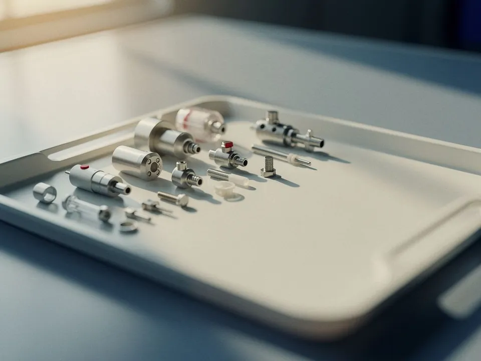 Small precision medical device parts arranged on a white tray