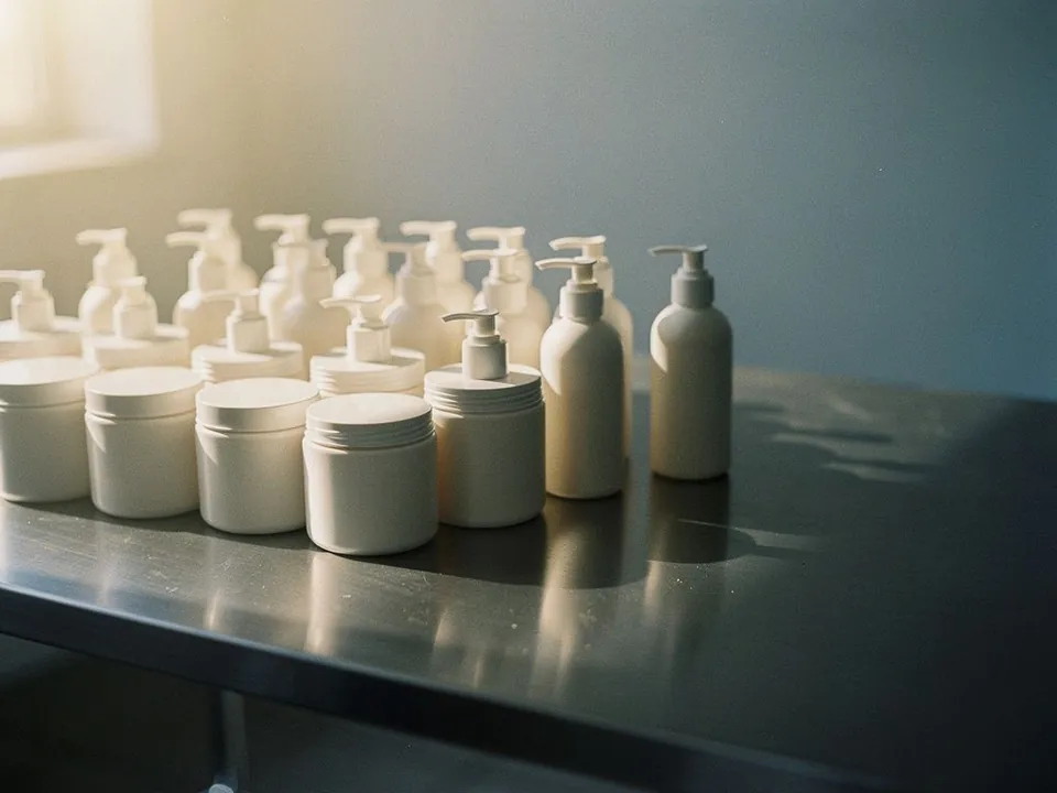 Rows of blank cosmetic jars and pump bottles on a stainless steel table