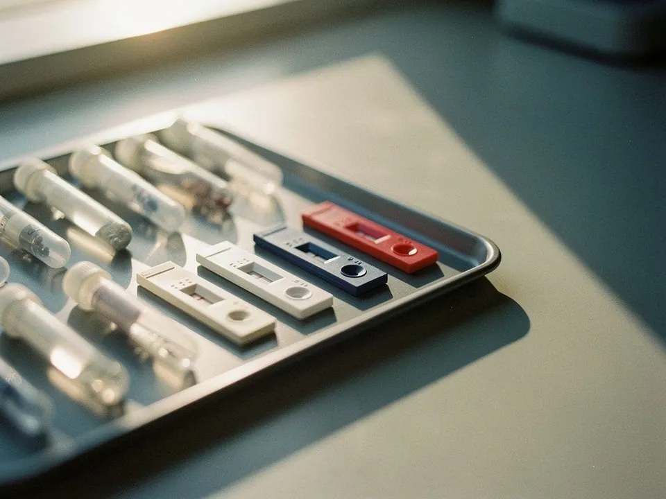 Diagnostic test cassettes and sample tubes arranged on a laboratory tray