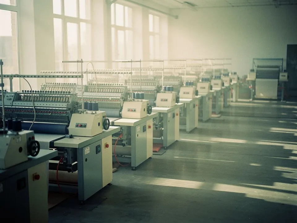 Bright textile workshop with rows of idle machines and wide walkways